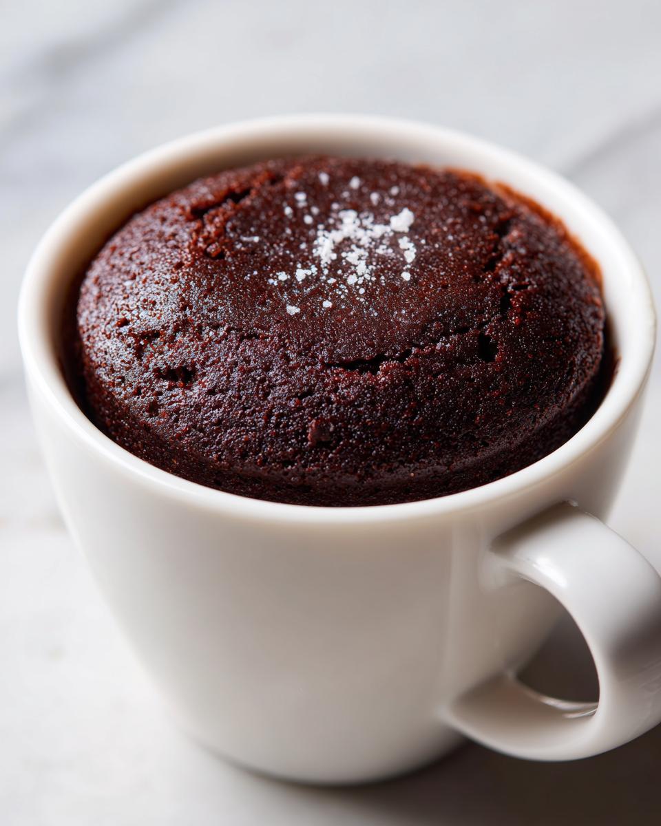 A close-up of a rich chocolate mug cake, dusted with a pinch of sea salt, ready to be enjoyed.