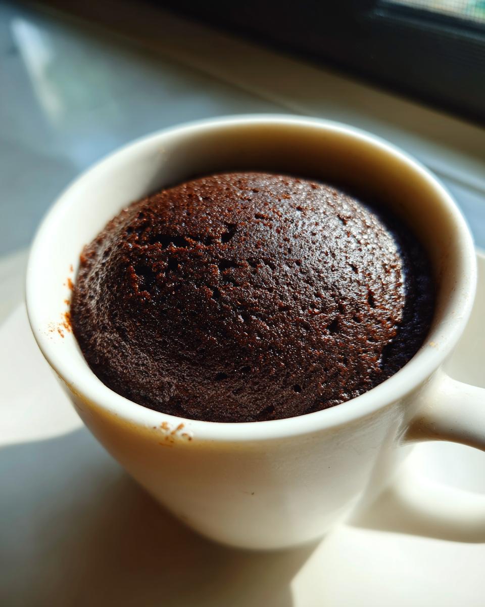 A close-up of a freshly baked chocolate mug cake in a white mug, ready to be enjoyed.