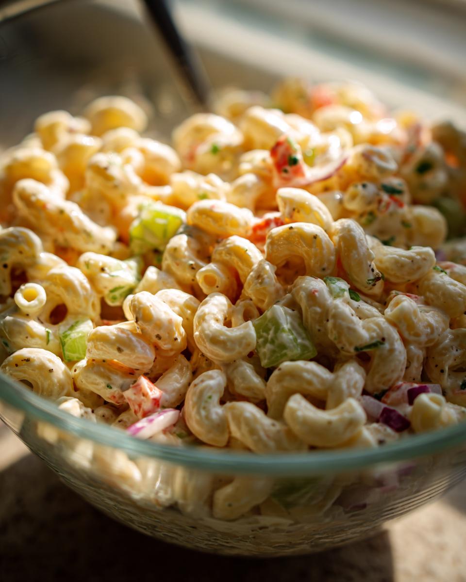 Close-up of a bowl filled with creamy Classic Macaroni Salad, featuring elbow pasta, celery, red onion, and herbs.