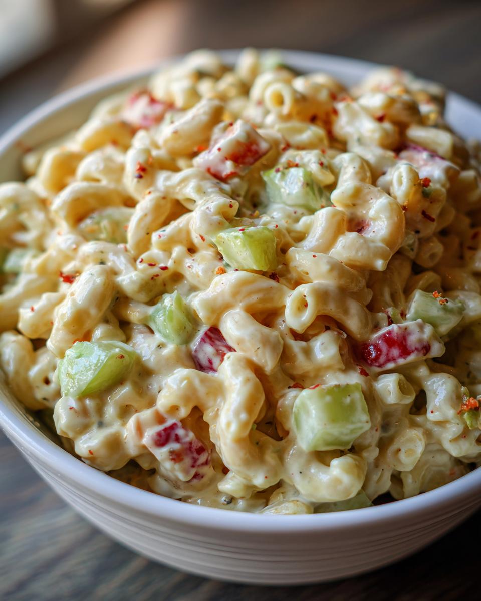 A close-up of creamy Classic Macaroni Salad with visible pieces of celery and red pepper, topped with red pepper flakes.