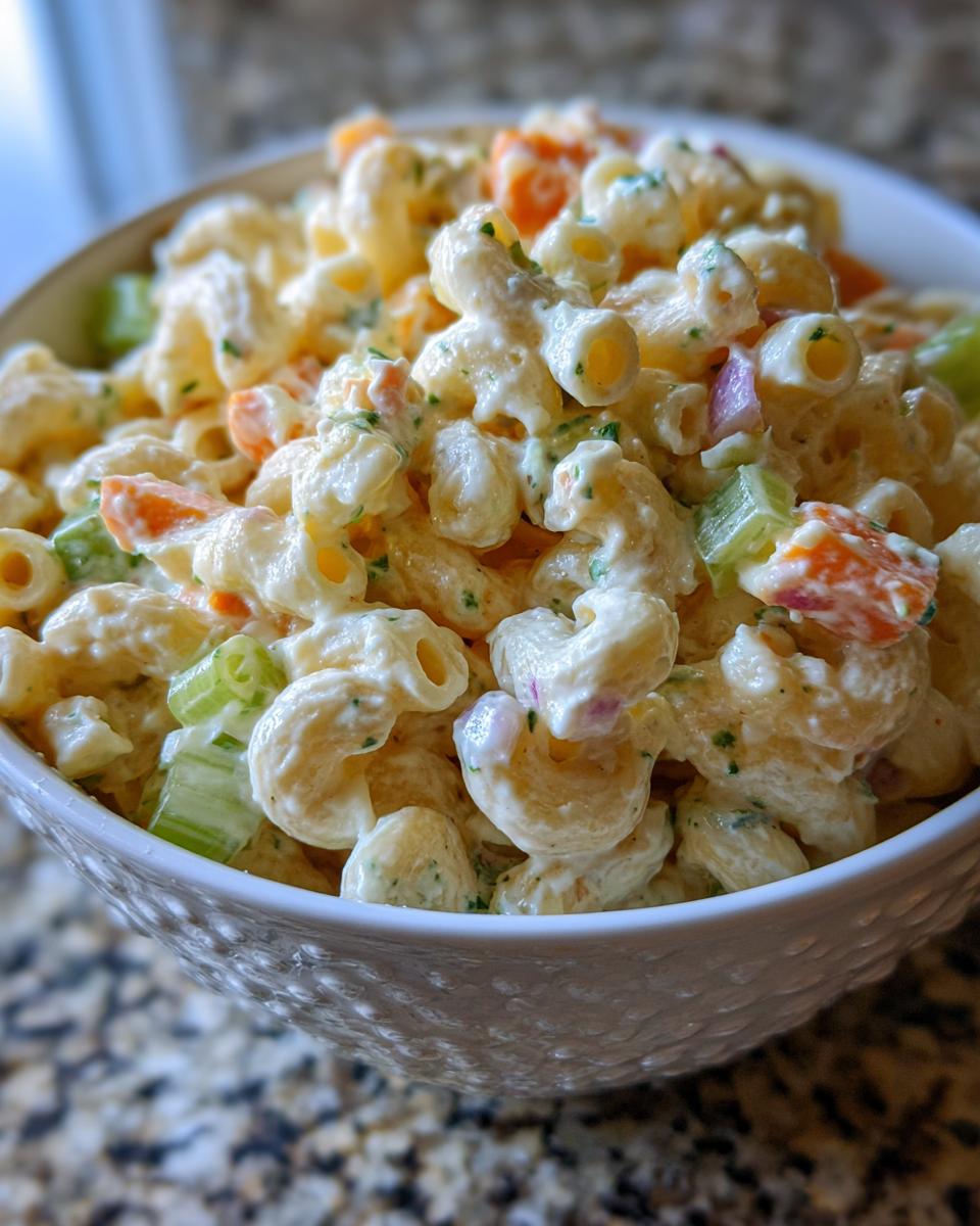 A close-up of a white bowl filled with creamy Classic Macaroni Salad, featuring elbow macaroni, diced carrots, celery, and red onion.