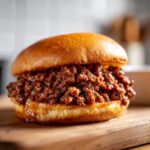 A juicy Classic Sloppy Joes sandwich piled high with seasoned ground beef on a toasted bun.