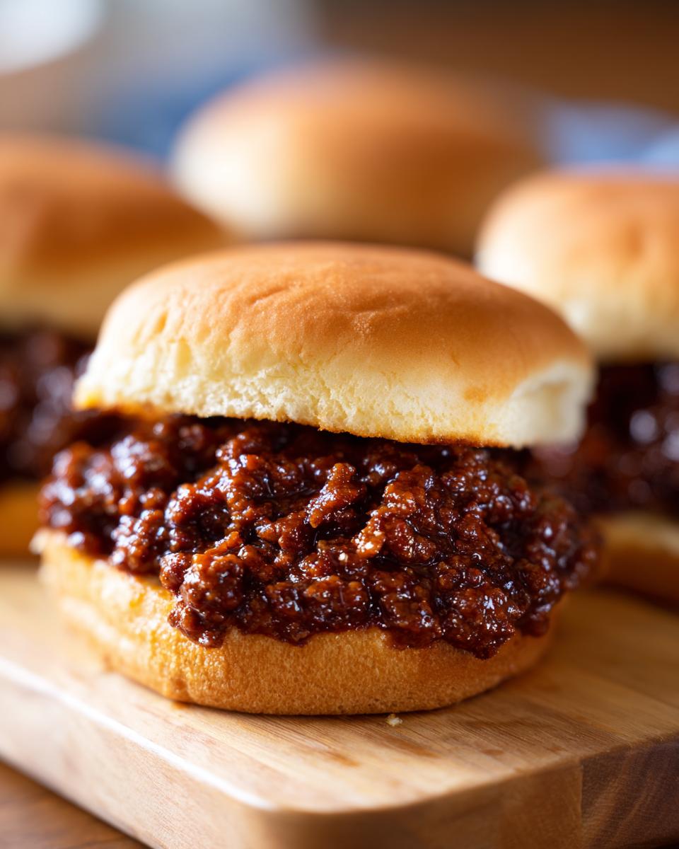 A close-up of a Classic Sloppy Joe sandwich on a soft bun, overflowing with savory meat sauce.