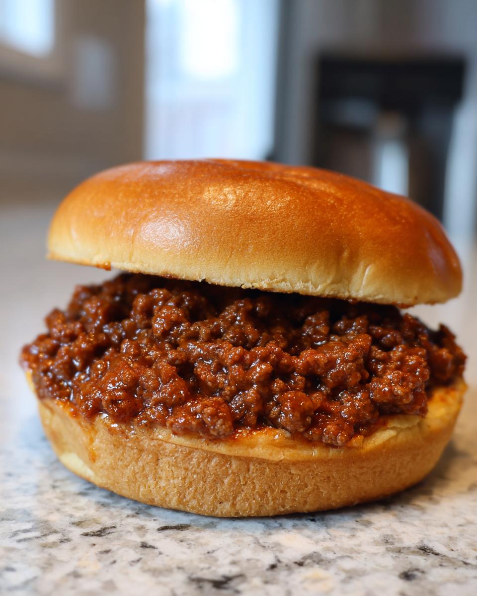 A close-up of a Classic Sloppy Joe sandwich on a bun, filled with savory ground beef mixture.