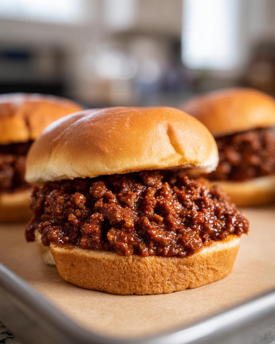 Close-up of a Classic Sloppy Joe sandwich piled high with seasoned ground beef on a soft bun.