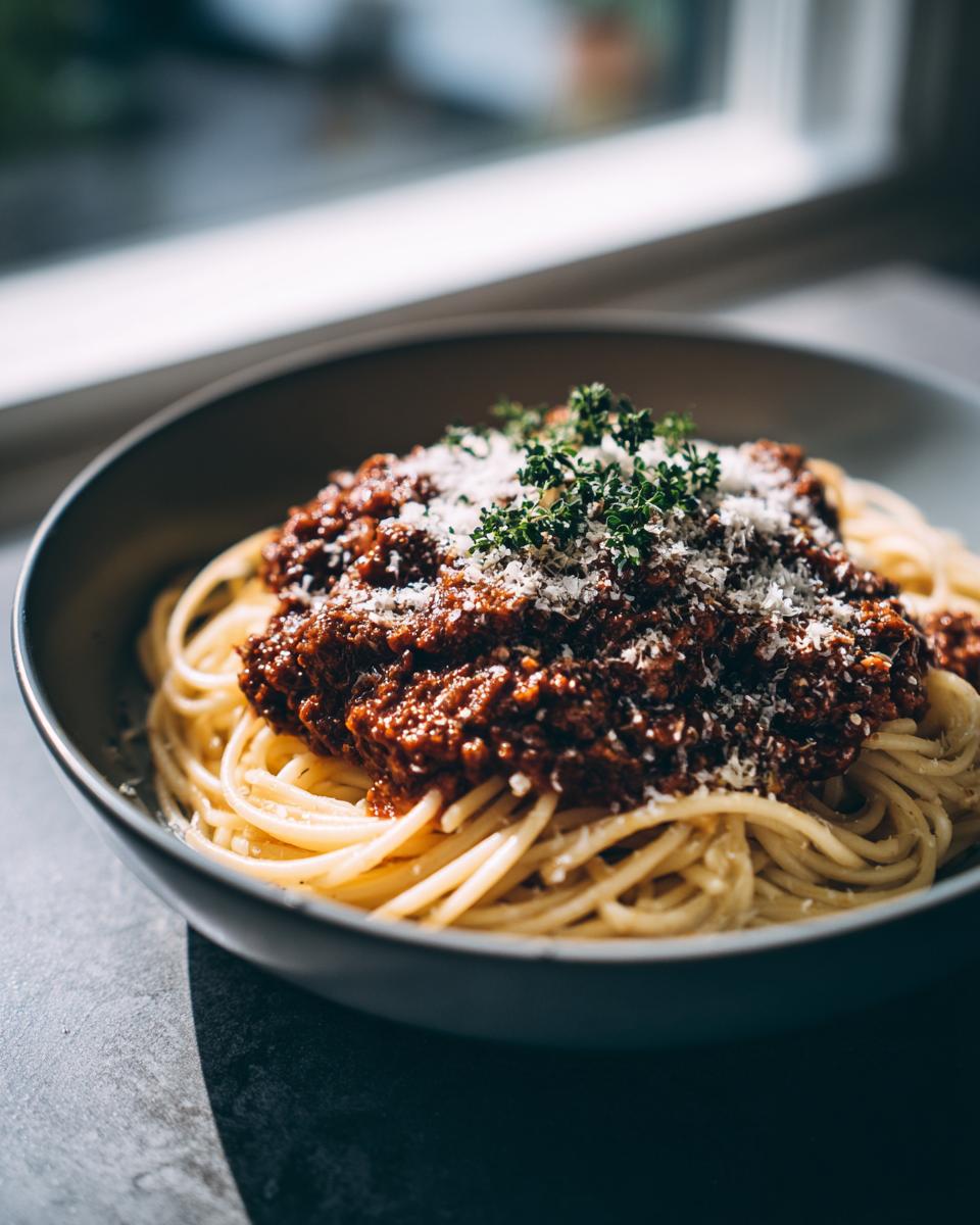 A close-up of a bowl of Classic Spaghetti Bolognese topped with rich meat sauce, grated Parmesan cheese, and fresh parsley.