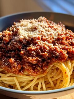 A close-up of a bowl filled with Classic Spaghetti Bolognese, topped with rich meat sauce and grated Parmesan cheese.