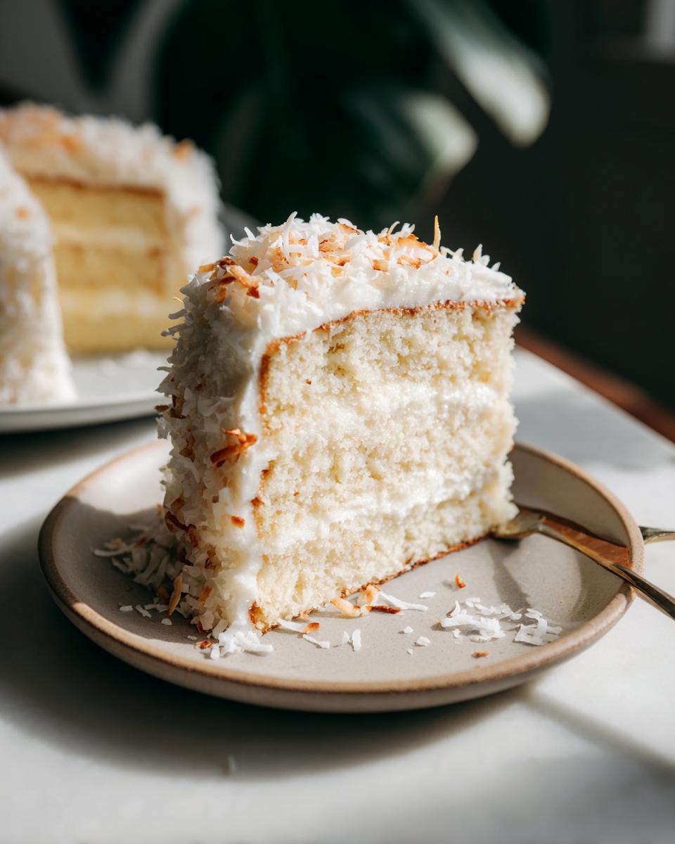 A slice of moist Coconut Layer Cake with fluffy white frosting and toasted coconut flakes.