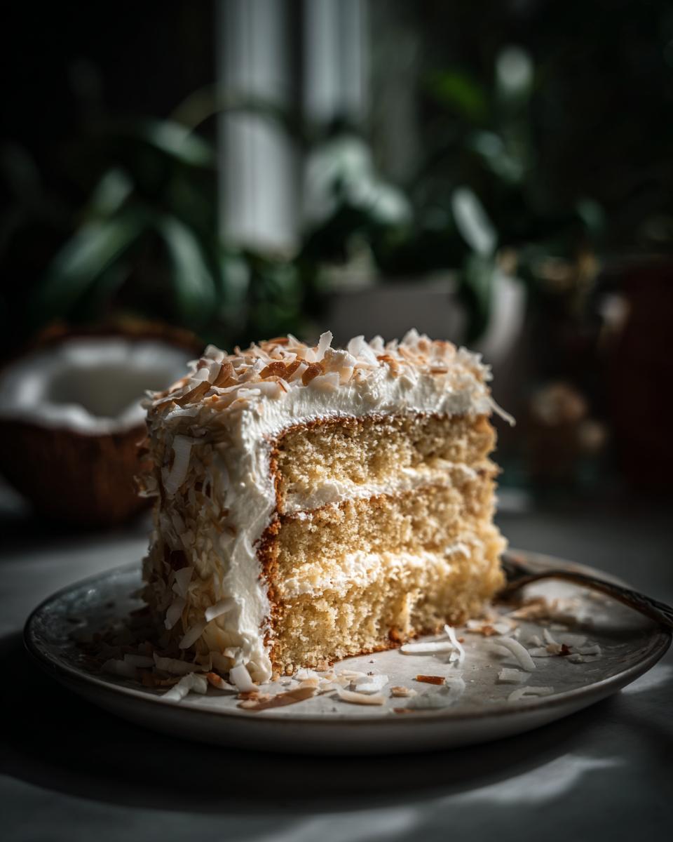 A moist slice of Coconut Layer Cake with fluffy frosting and toasted coconut flakes, served on a plate.