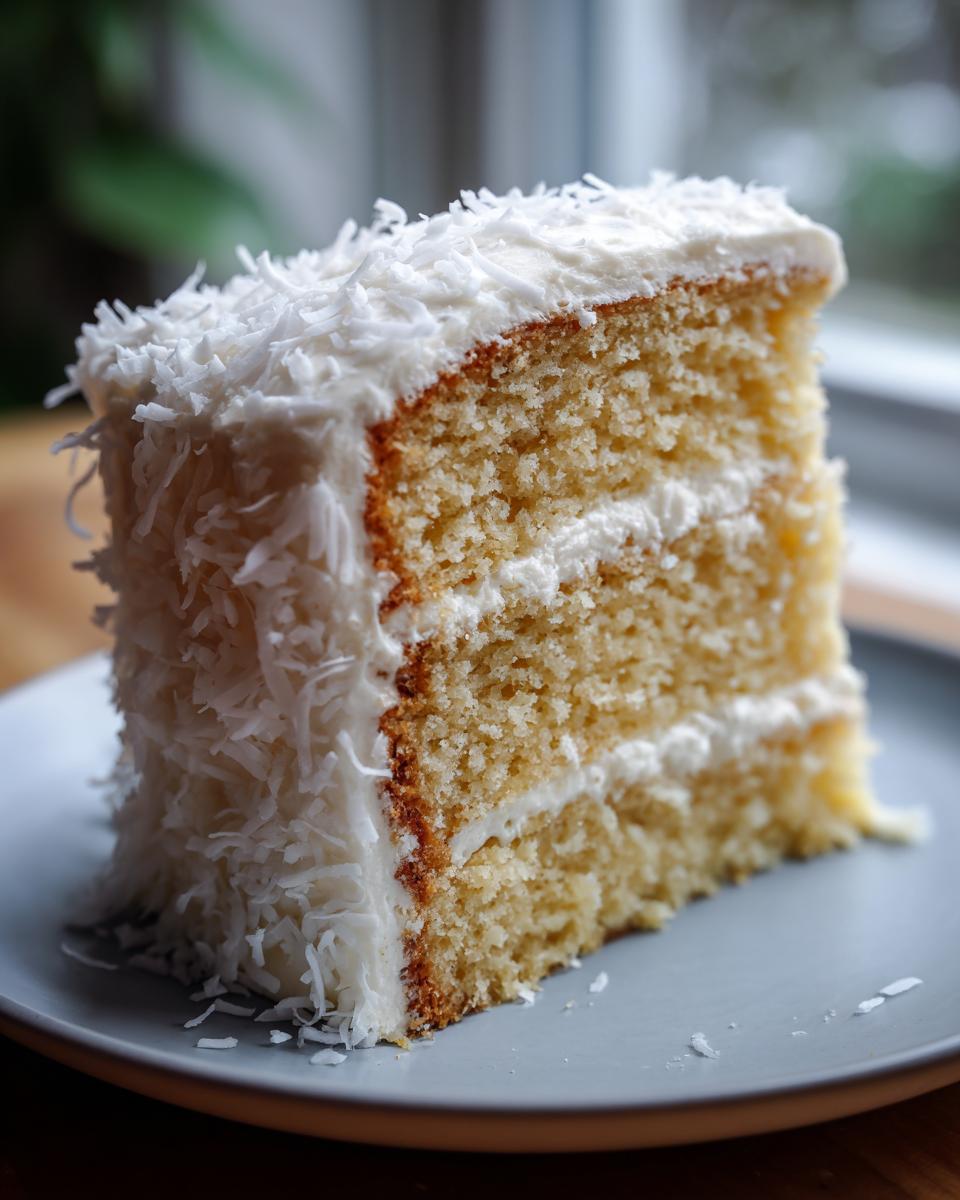 A delicious slice of Coconut Layer Cake with fluffy white frosting and shredded coconut.