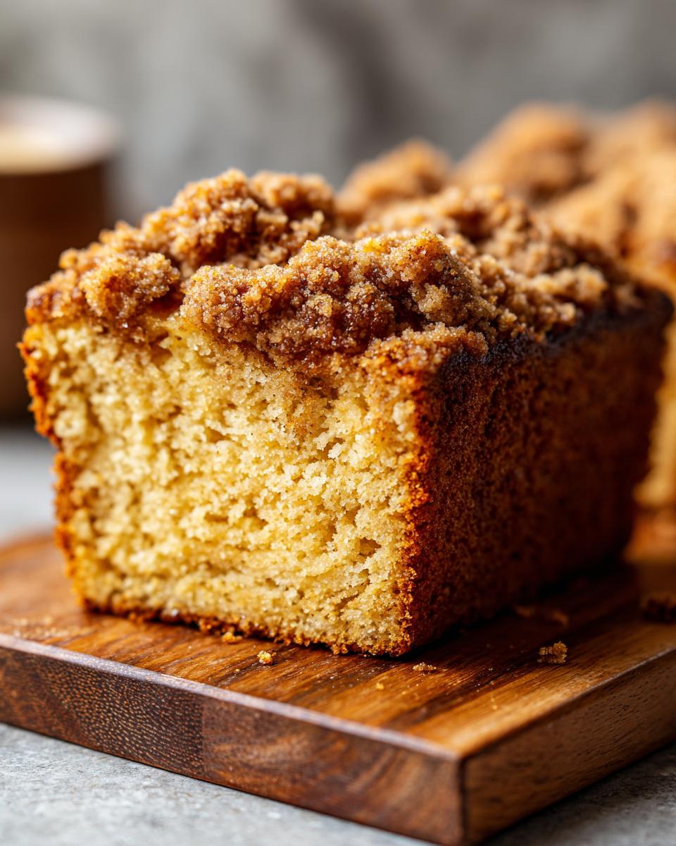 A close-up of a moist Coffee Cake slice with a generous cinnamon crumble topping, served on a wooden board.