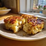 Three delicious, golden-brown crab cakes served on a plate, with one cut in half to show the flaky crab meat inside.