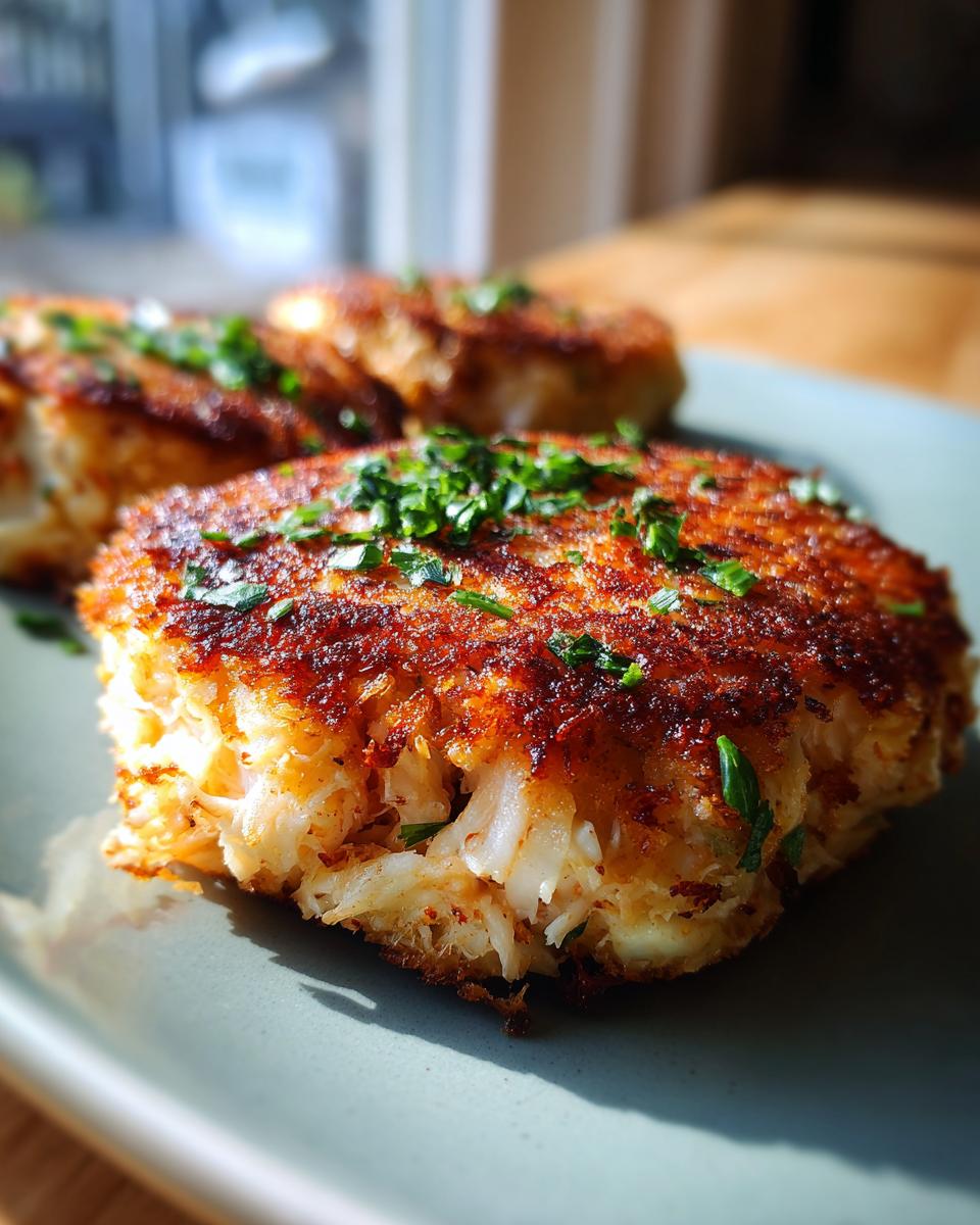 Close-up of golden-brown crab cakes on a plate, topped with fresh chopped parsley.