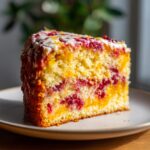 A close-up of a moist slice of Cranberry Orange Cake, layered with vibrant orange filling and tart cranberries, topped with white icing and orange zest.
