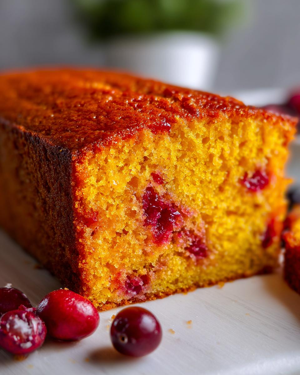 A close-up of a slice of moist Cranberry Orange Cake, studded with bright red cranberries and garnished with fresh berries.