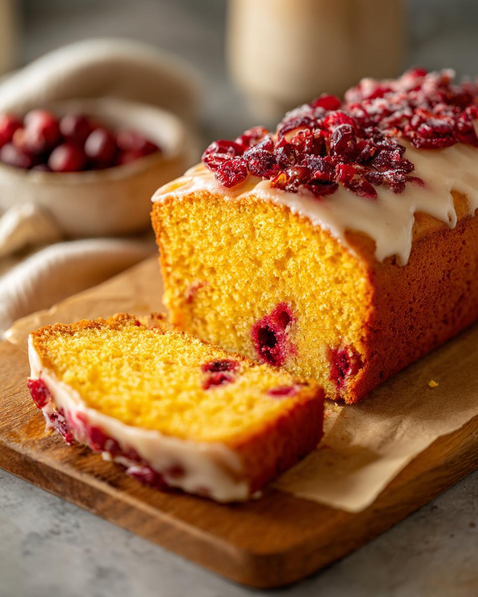 A slice of moist Cranberry Orange Cake with a zesty glaze and topped with dried cranberries.
