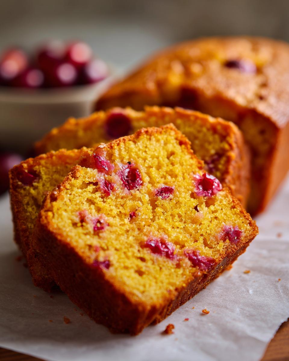 Close-up of sliced Cranberry Orange Cake, showing bright red cranberries embedded in the golden cake.