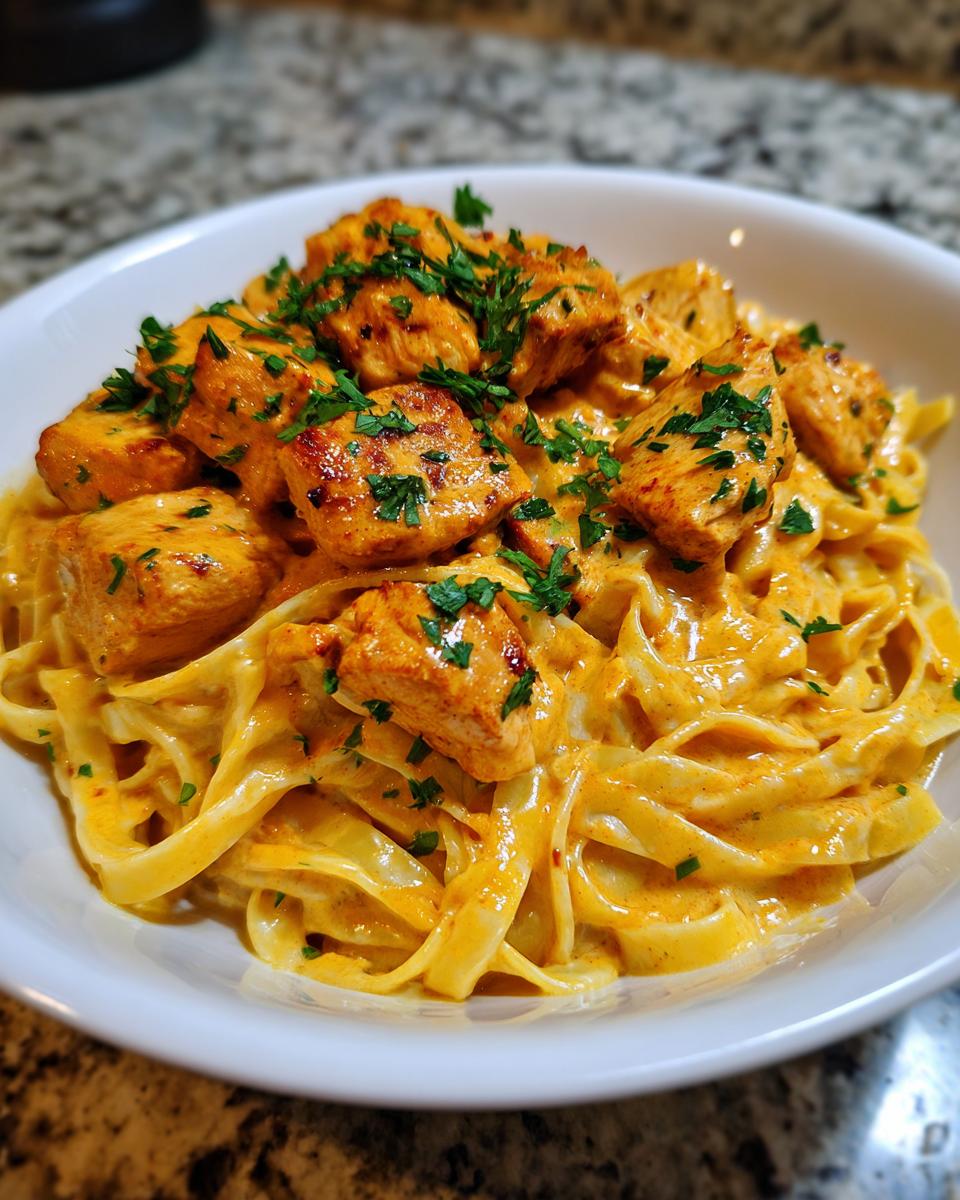 A close-up of a white bowl filled with Creamy Cajun Chicken Pasta, topped with diced chicken and fresh parsley.