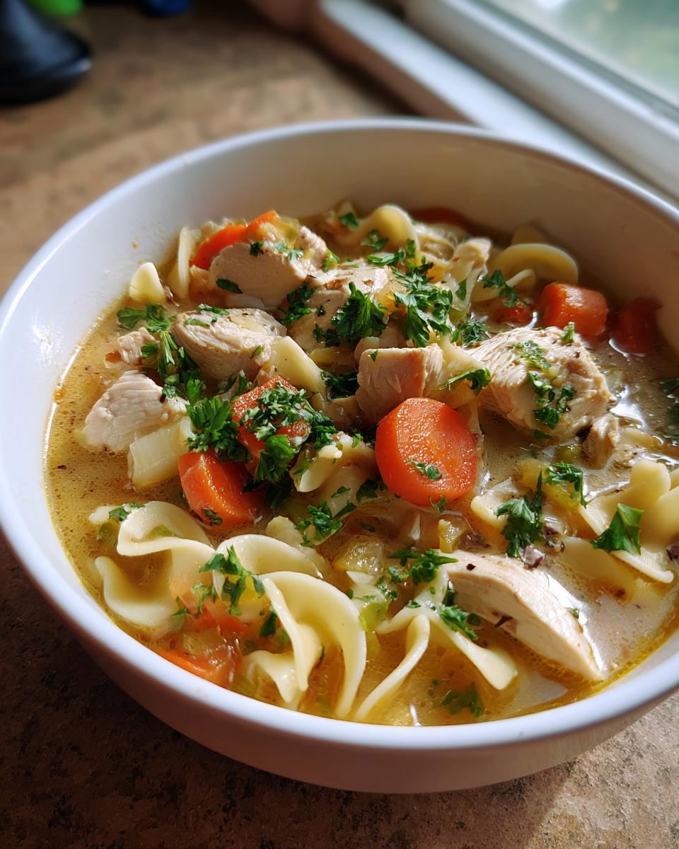 A close-up of a white bowl filled with Creamy Chicken Pasta Soup, featuring tender chicken pieces, wide egg noodles, sliced carrots, and fresh parsley.