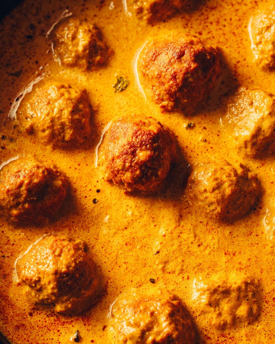 Close-up of delicious Creamy Coconut Curry Meatballs simmering in a rich, golden sauce.