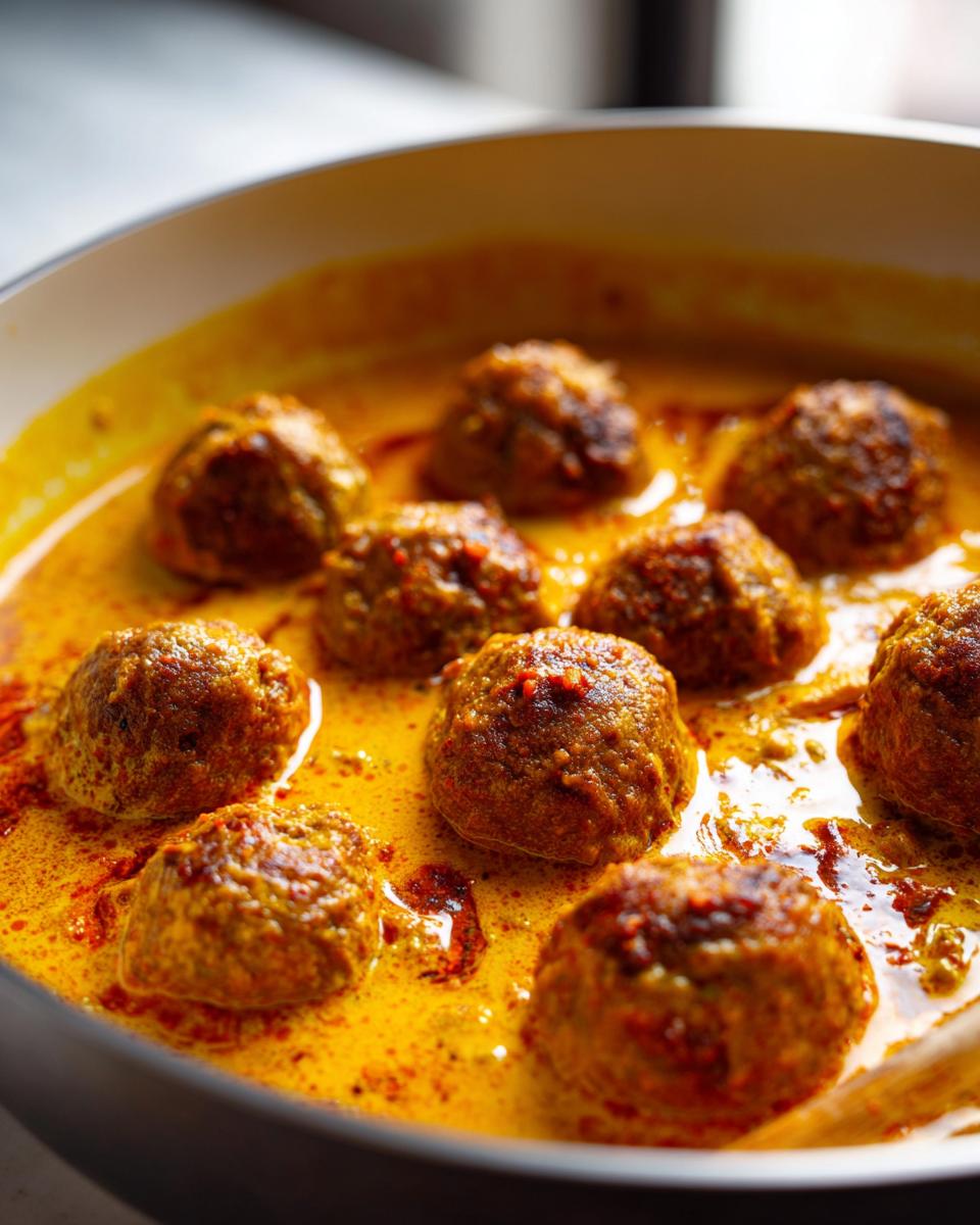 Close-up of delicious Creamy Coconut Curry Meatballs simmering in a rich, golden curry sauce.