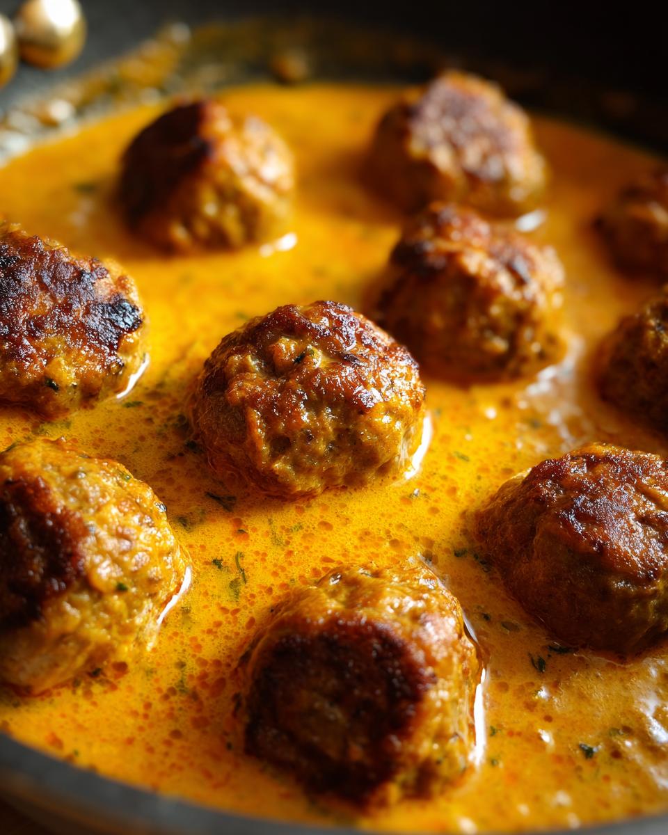 Close-up of delicious Creamy Coconut Curry Meatballs simmering in a rich, orange sauce with herbs.