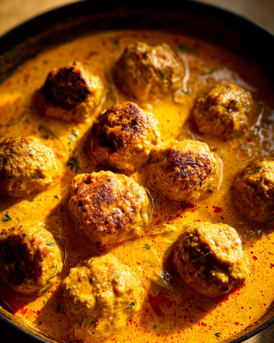 Close-up of delicious Creamy Coconut Curry Meatballs simmering in a rich, golden sauce with herbs.
