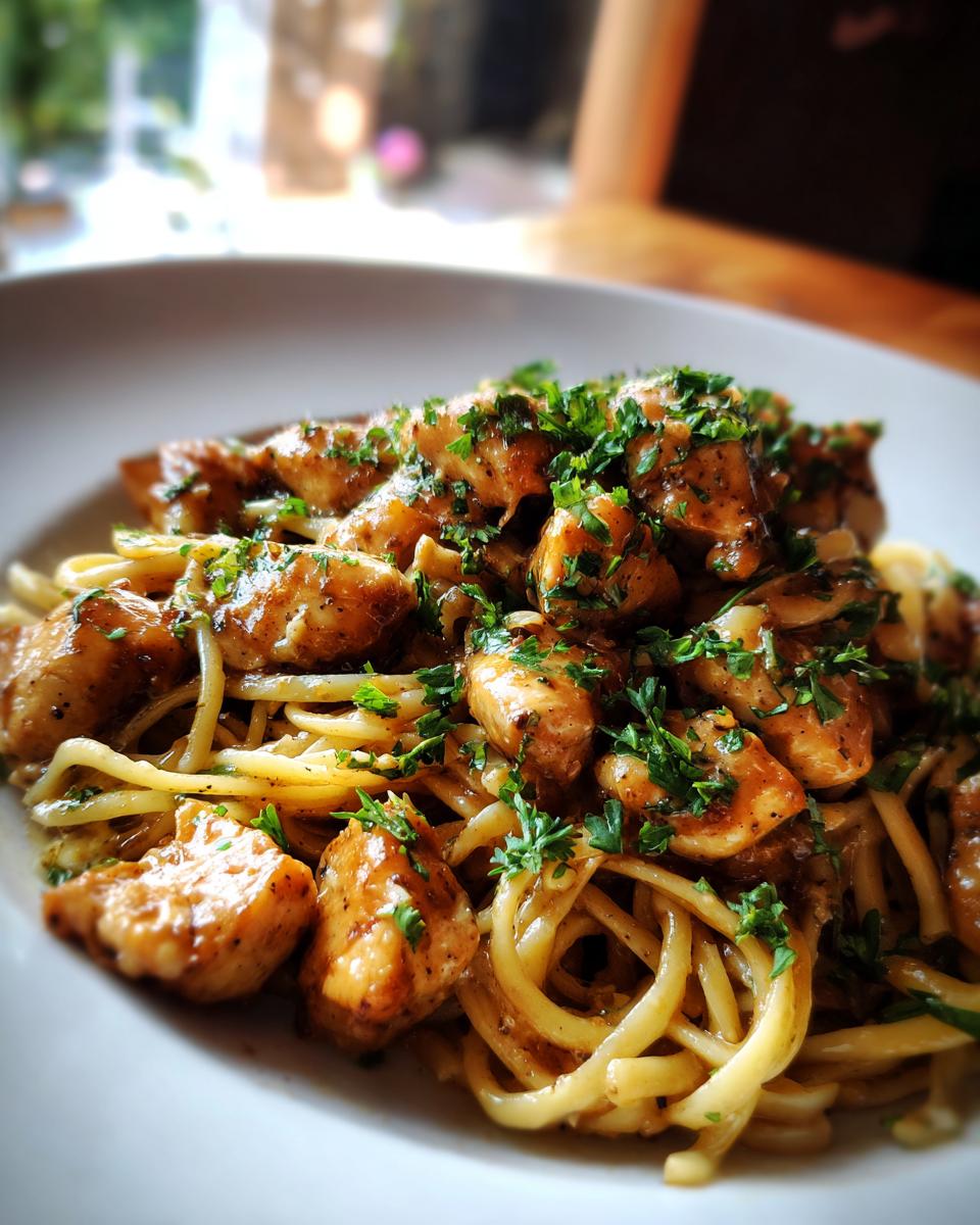 A close-up of Creamy Garlic Butter Chicken Pasta, featuring tender chicken pieces and pasta coated in a rich sauce, garnished with fresh parsley.