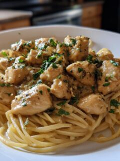 A close-up of a white bowl filled with Creamy Garlic Butter Chicken Pasta, topped with chopped parsley.