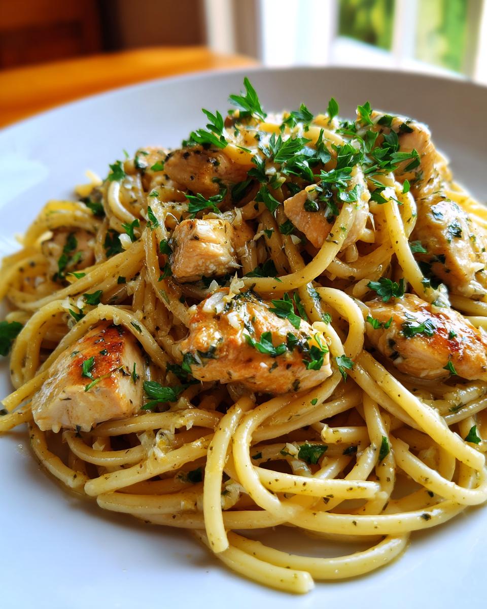 A close-up of a plate piled high with Creamy Garlic Butter Chicken Pasta, garnished with fresh parsley.