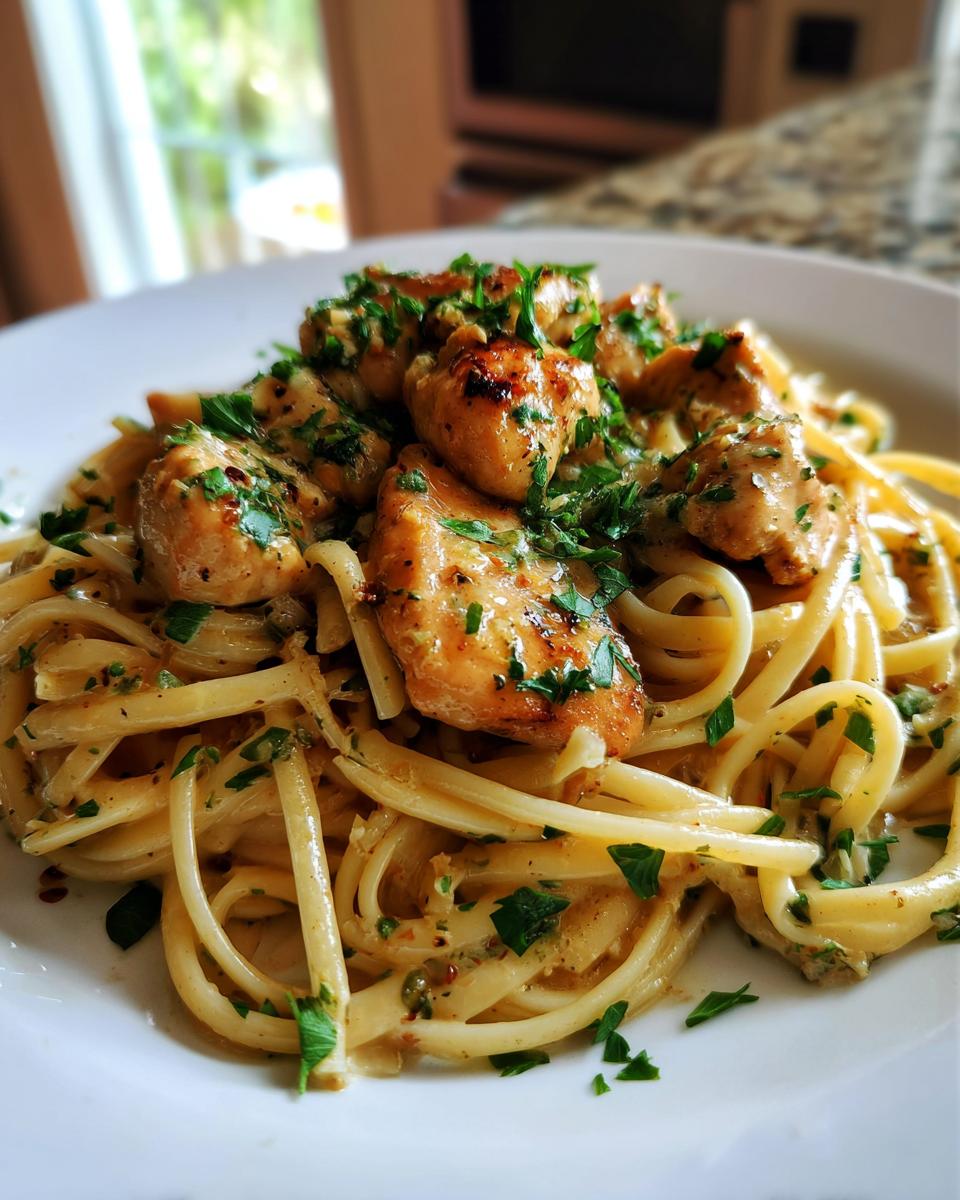 A close-up of a white plate filled with Creamy Garlic Butter Chicken Pasta, topped with chopped parsley.