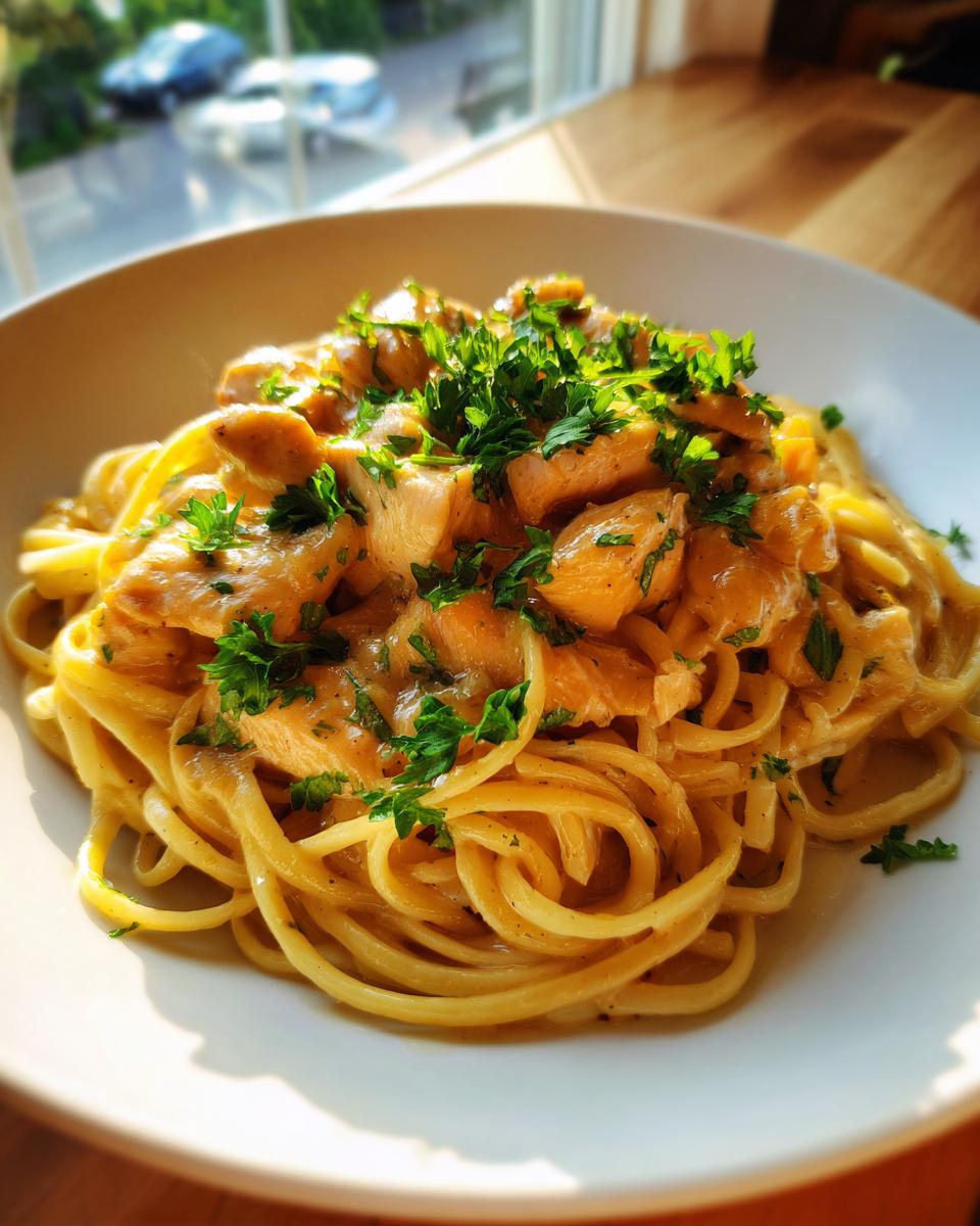 A close-up of a bowl of Creamy Garlic Butter Chicken Pasta, topped with fresh parsley.