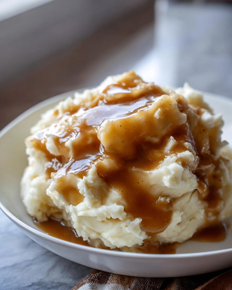 A close-up of fluffy Creamy Mashed Potatoes With Gravy, perfect for a holiday meal.