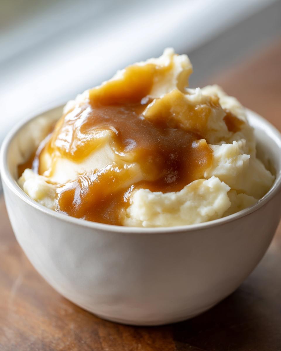 A bowl of fluffy creamy mashed potatoes topped with rich brown gravy, perfect for holiday meals.