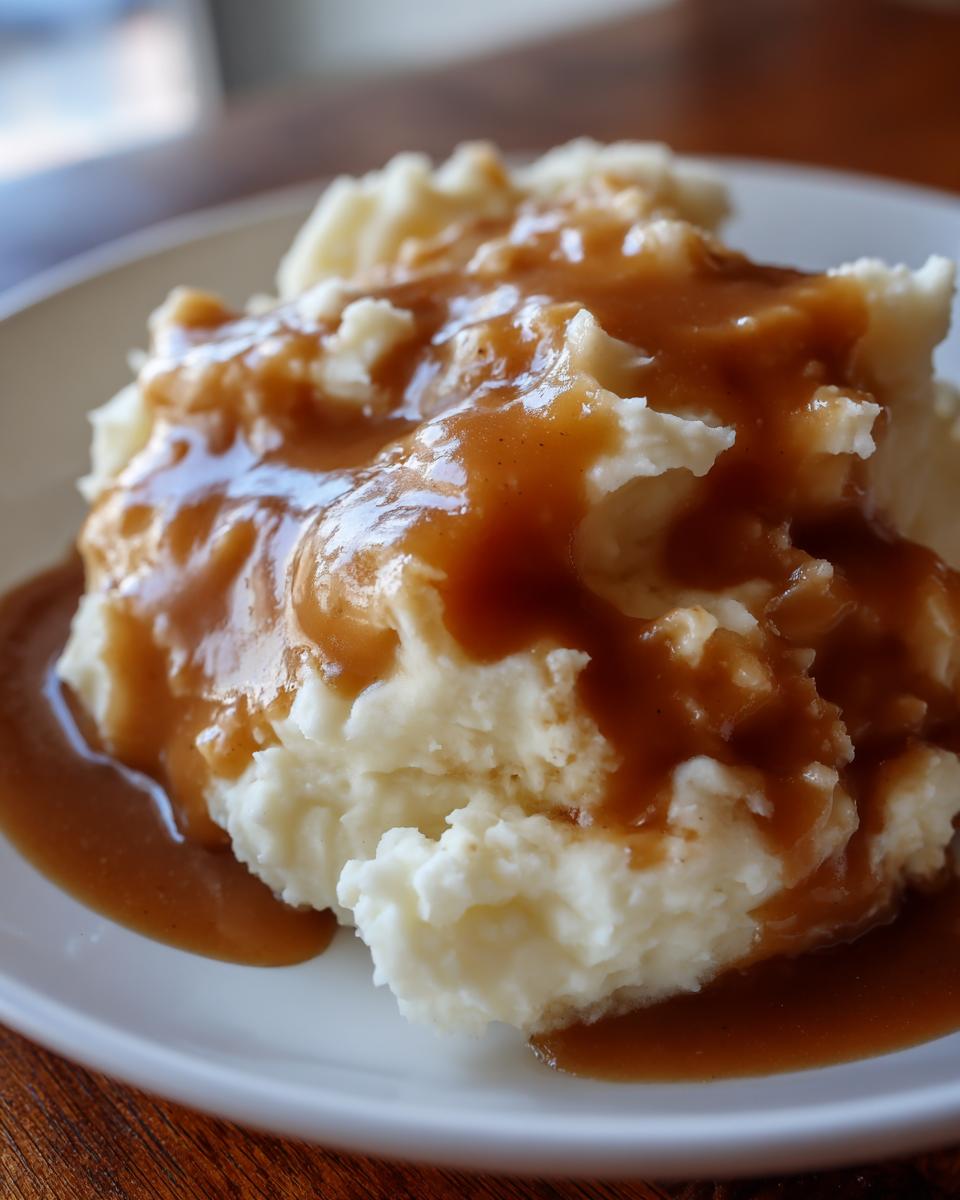 Close-up of a generous serving of creamy mashed potatoes topped with rich brown gravy.