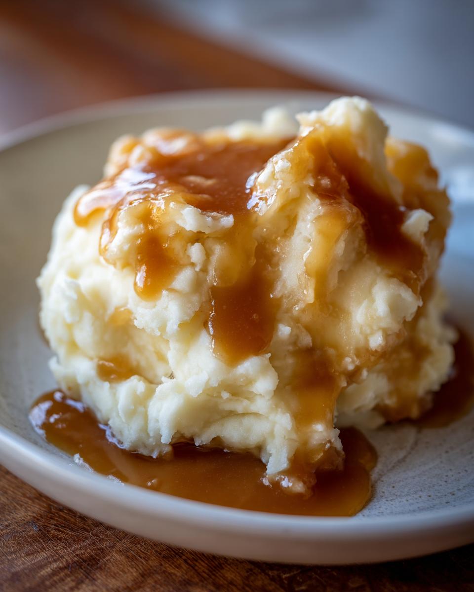 Close-up of a serving of creamy mashed potatoes topped with rich, savory gravy.