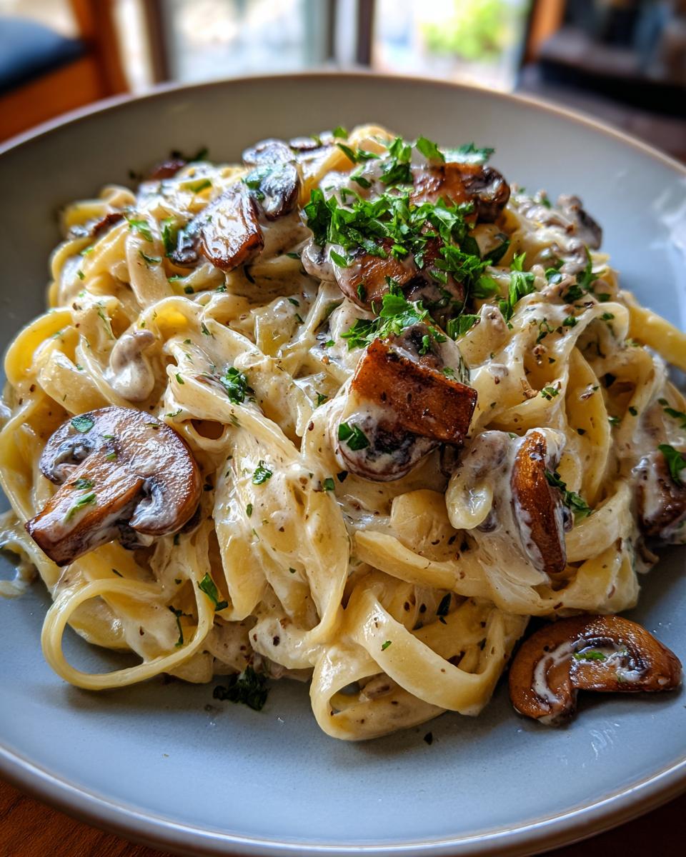 A close-up of a bowl of Creamy Mushroom Fettuccine, generously coated in sauce and topped with saut&eacute;ed mushrooms and parsley.