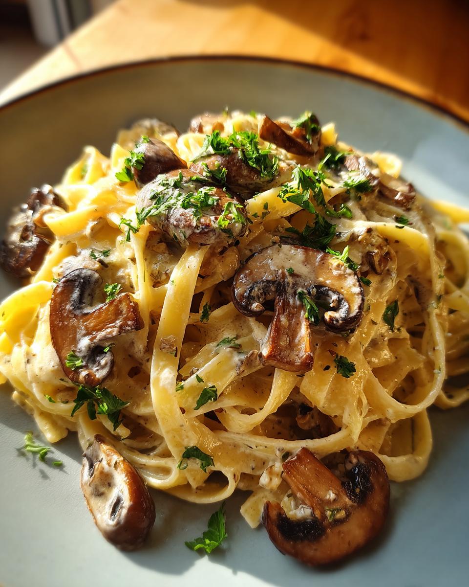 A close-up of Creamy Mushroom Fettuccine pasta, generously coated in sauce and topped with saut&eacute;ed mushrooms and parsley.