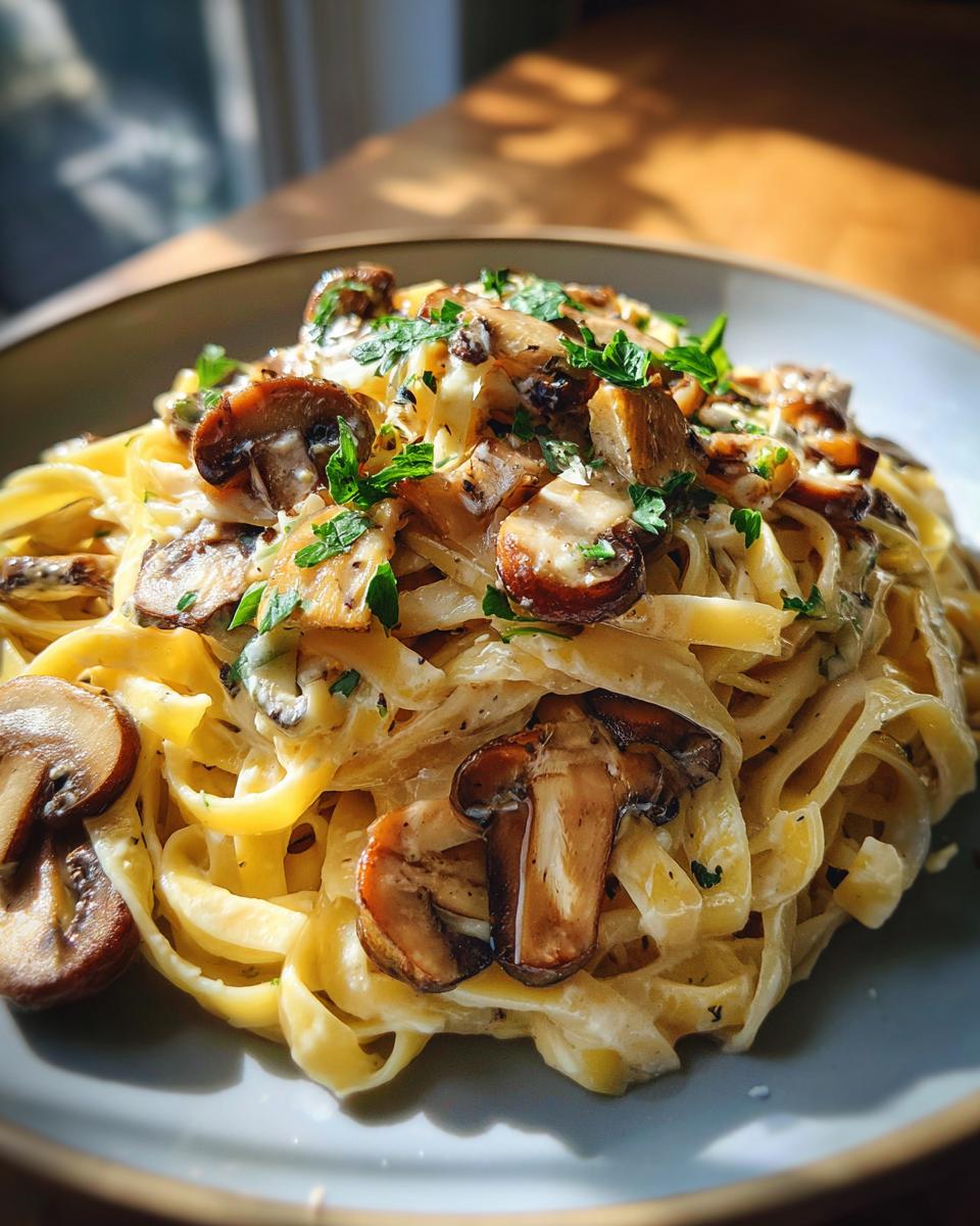A close-up of creamy mushroom fettuccine pasta, topped with saut&eacute;ed mushrooms and fresh parsley.