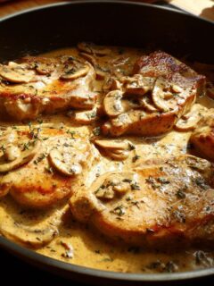 Four pan-seared pork chops swimming in a rich, creamy mushroom sauce, garnished with herbs.