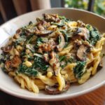 A close-up of Creamy Parmesan Spinach Mushroom Pasta, featuring pasta, mushrooms, and spinach in a rich sauce.