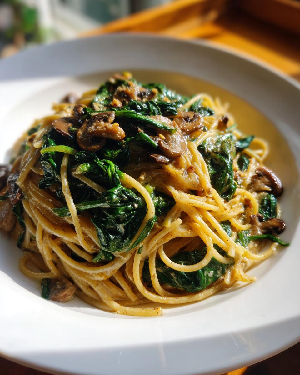 A close-up of Creamy Parmesan Spinach Mushroom Pasta served in a white bowl, showcasing the pasta, spinach, and mushrooms.