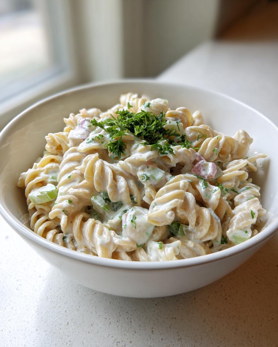 A bowl of delicious creamy pasta salad made with fusilli pasta, celery, and herbs, topped with parsley.