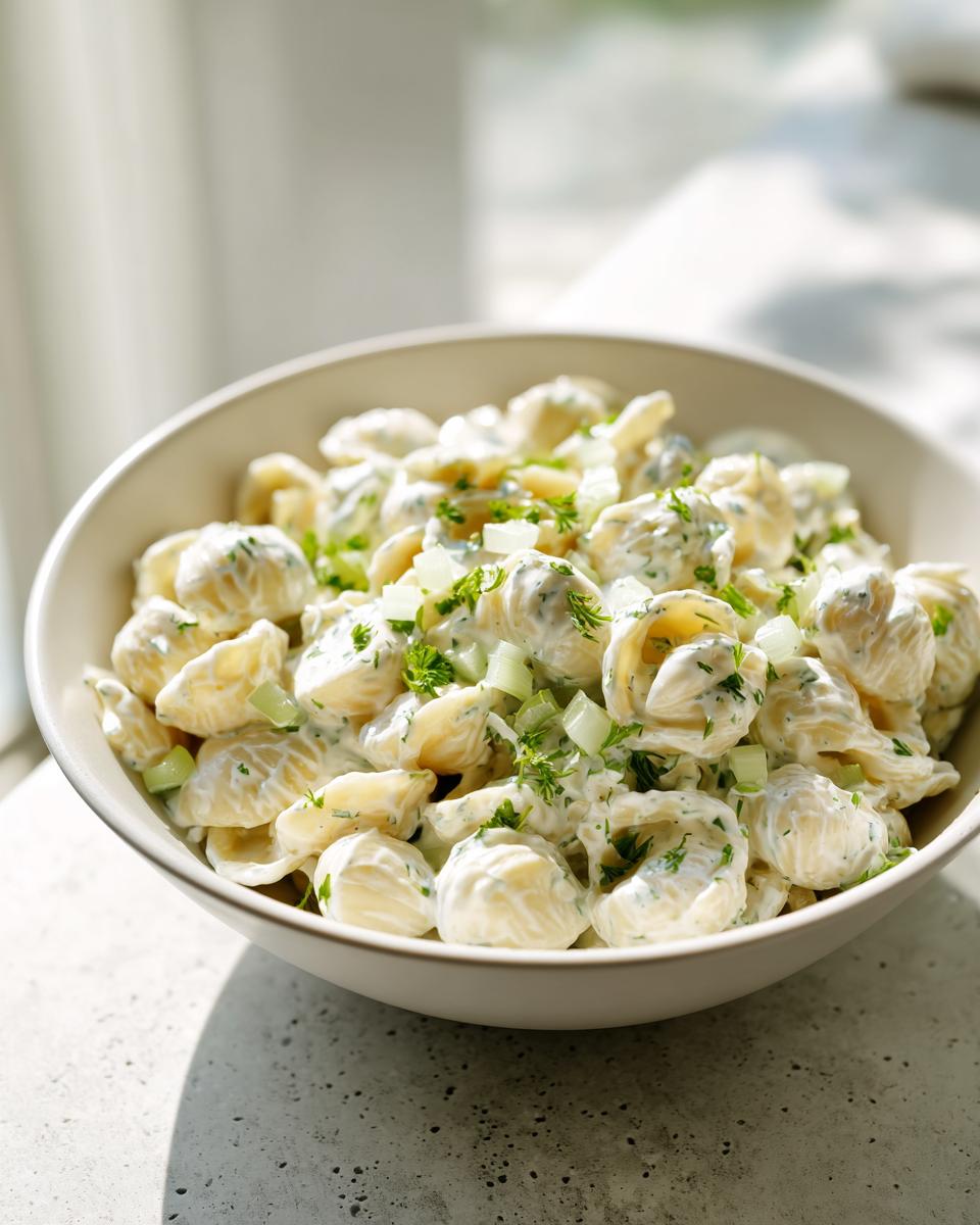 A close-up of a bowl filled with creamy pasta salad, featuring shell pasta, diced celery, and fresh herbs.