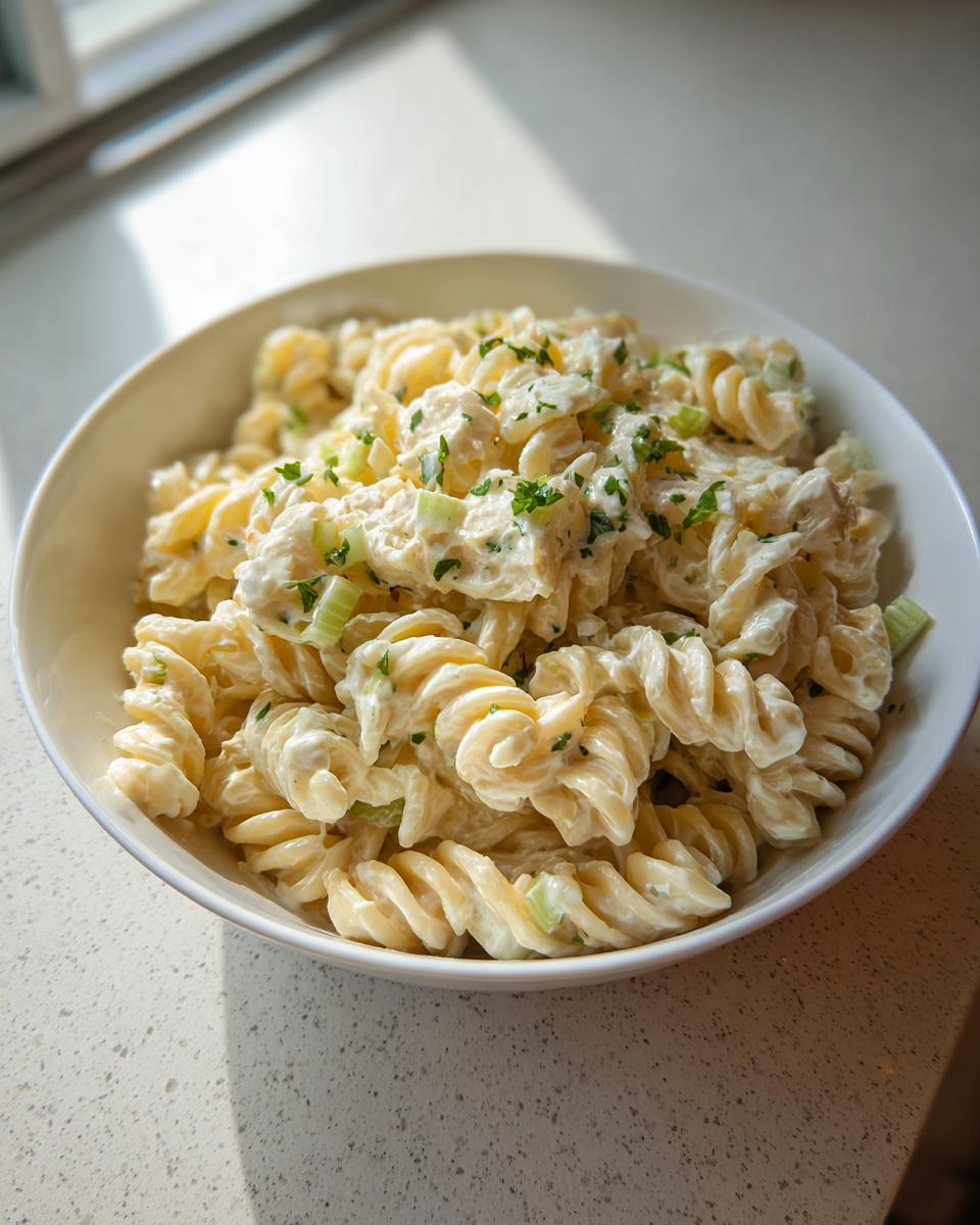 A bowl of delicious Creamy Pasta Salad made with fusilli pasta, coated in a creamy dressing and garnished with fresh parsley and celery.