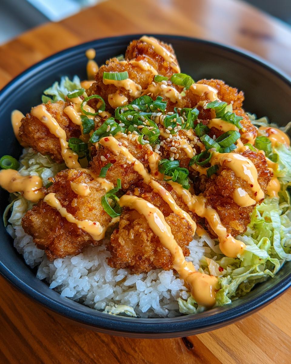 A delicious Crispy Bang Bang Chicken Bowl with rice, shredded lettuce, and a creamy sauce.
