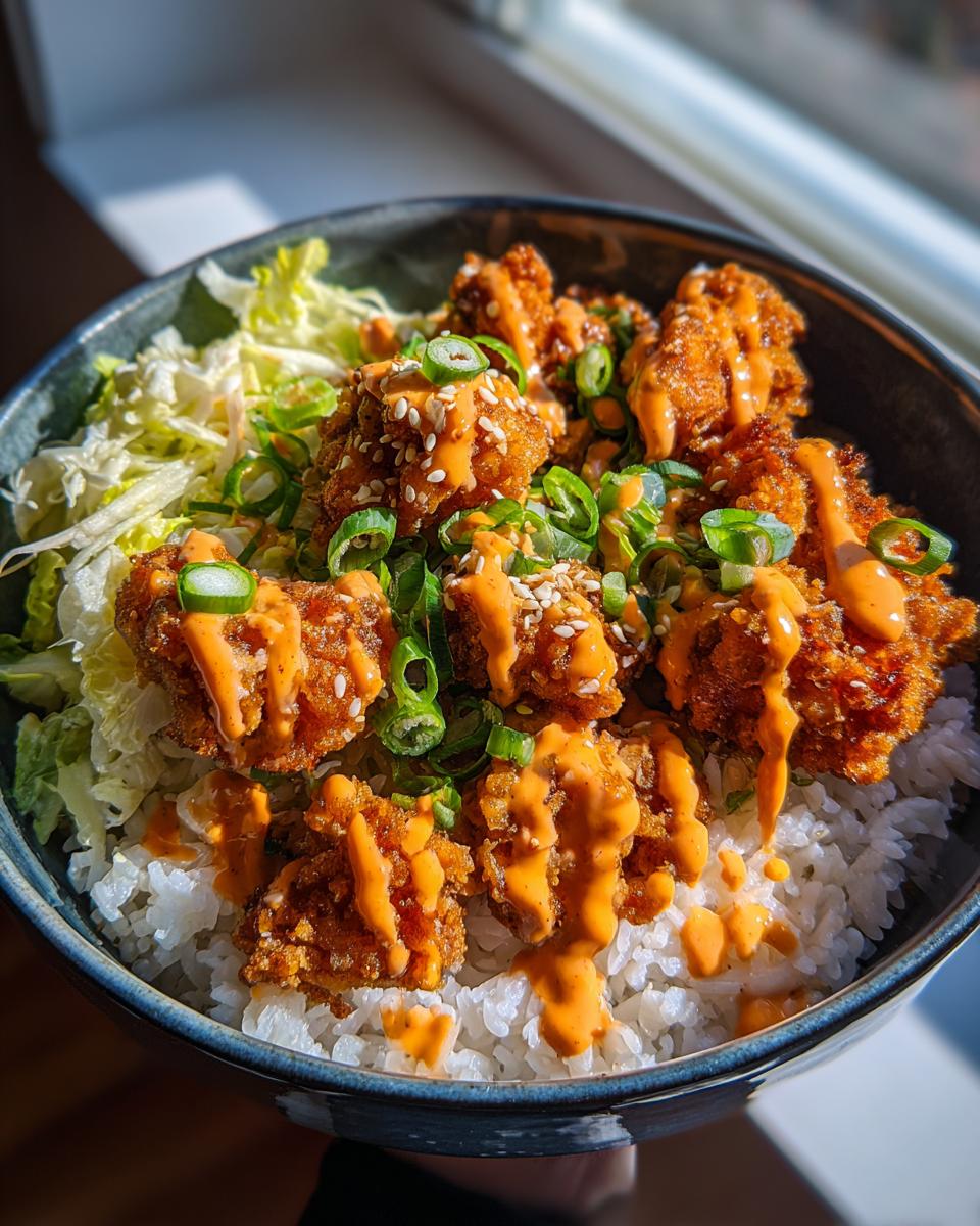 A delicious Crispy Bang Bang Chicken Bowl with rice, shredded lettuce, and a creamy orange sauce, garnished with green onions and sesame seeds.