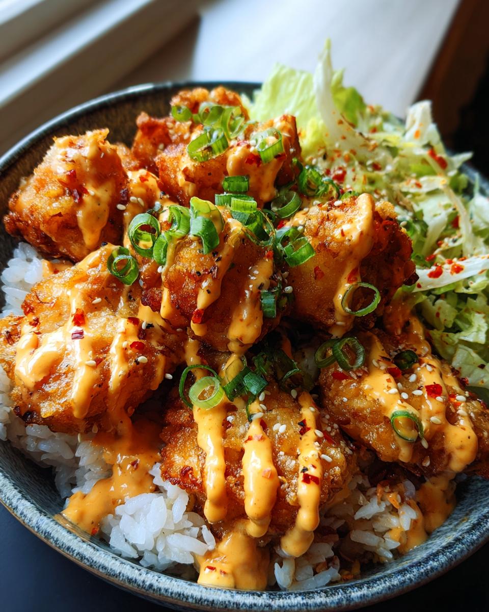 A bowl of Crispy Bang Bang Chicken Bowl with rice, shredded lettuce, and a creamy sauce, garnished with green onions and sesame seeds.
