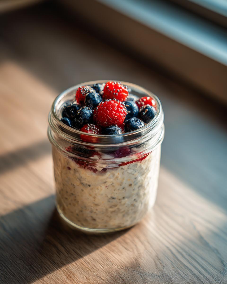 A jar of Dairy Free Overnight Oats topped with fresh blueberries, raspberries, and chia seeds.