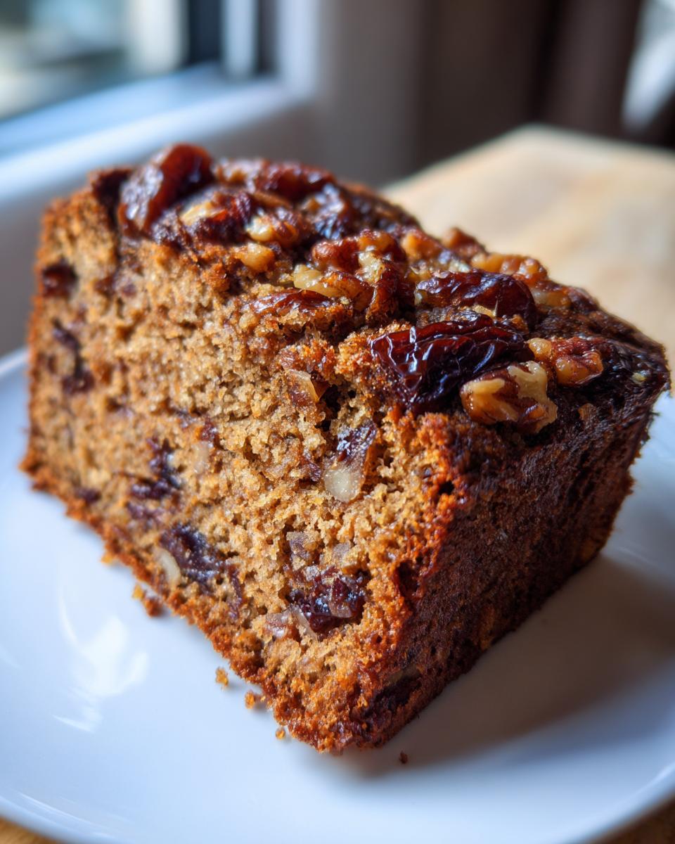 A close-up of a delicious slice of Date And Walnut Cake on a white plate, showing the texture and inclusions.